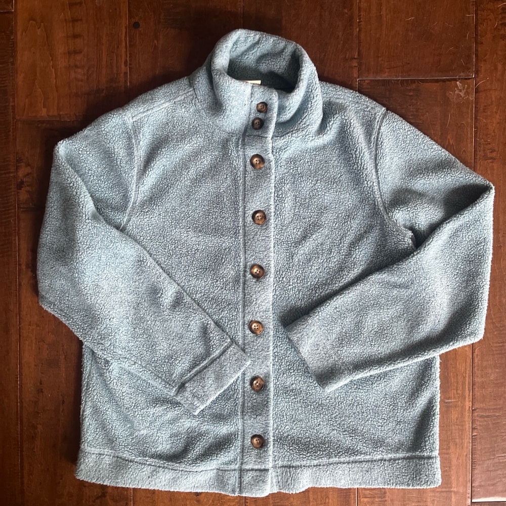 L.L.Bean light blue fleece jacket with button-up front, funnel collar women’s lg